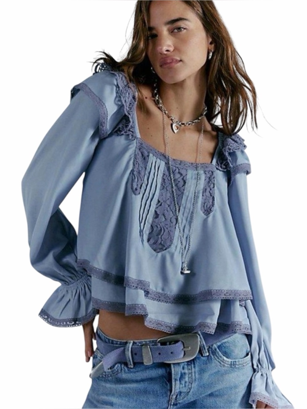 NEW Free People Blue Francie Silky Long Sleeve Peasant  Top Shirt size XS